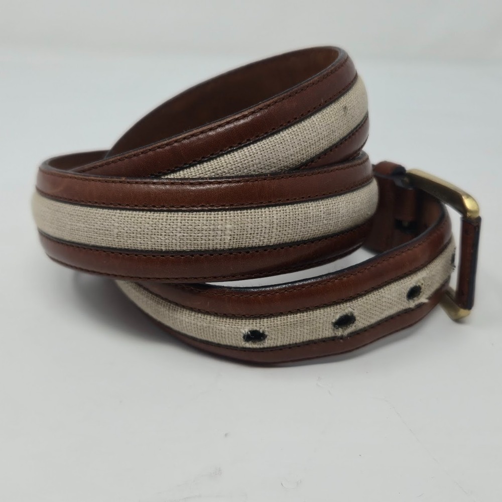 AS IS Saks Fifth Avenue Belt 38 M-3832 Spain Brown Leather Linen - MISSING PRONG - Picture 3 of 12
